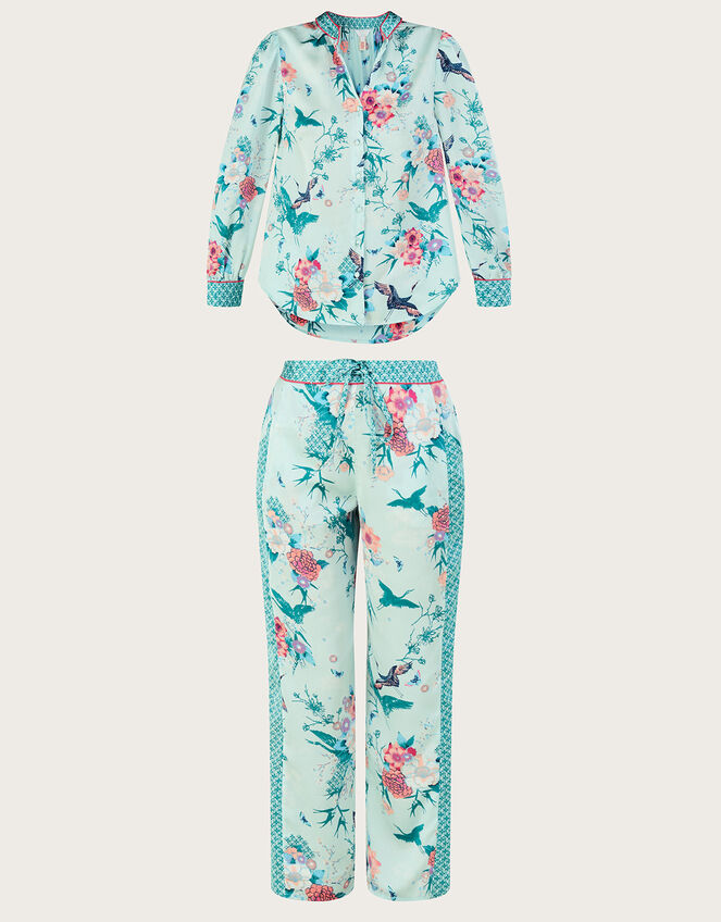 Floral Print Satin Pyjama Set, Green (MINT), large
