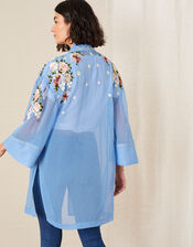 Sheer Embroidered Longline Kimono , Blue (BLUE), large