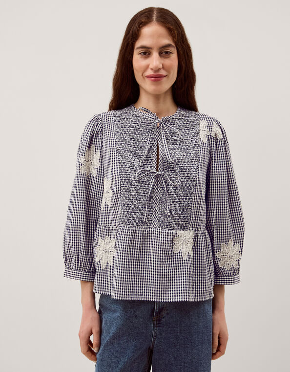 Mimi Embroidered Gingham Top, Black (BLACK), large