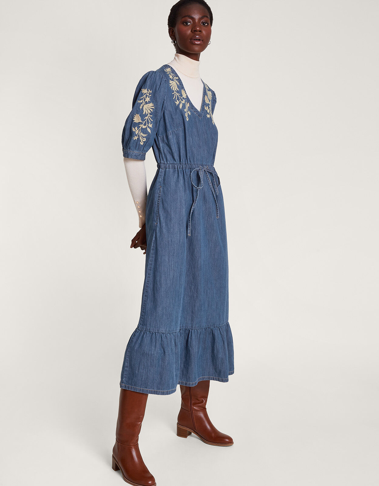 Embroidered shop denim dress