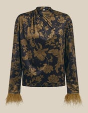 Princella Feather Sleeve Floral Velvet Top, Blue (NAVY), large