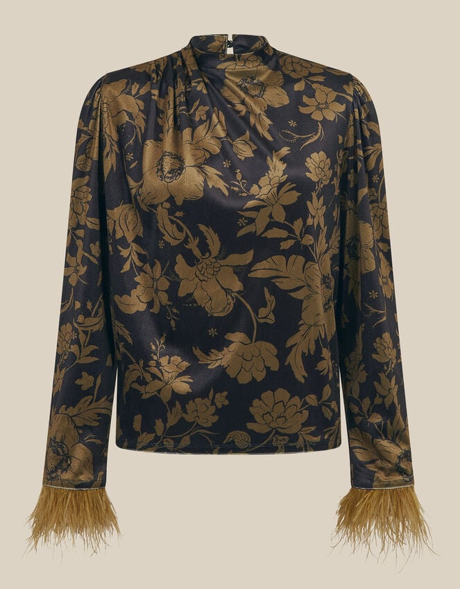 Princella Feather Sleeve Floral Velvet Top, Blue (NAVY), large