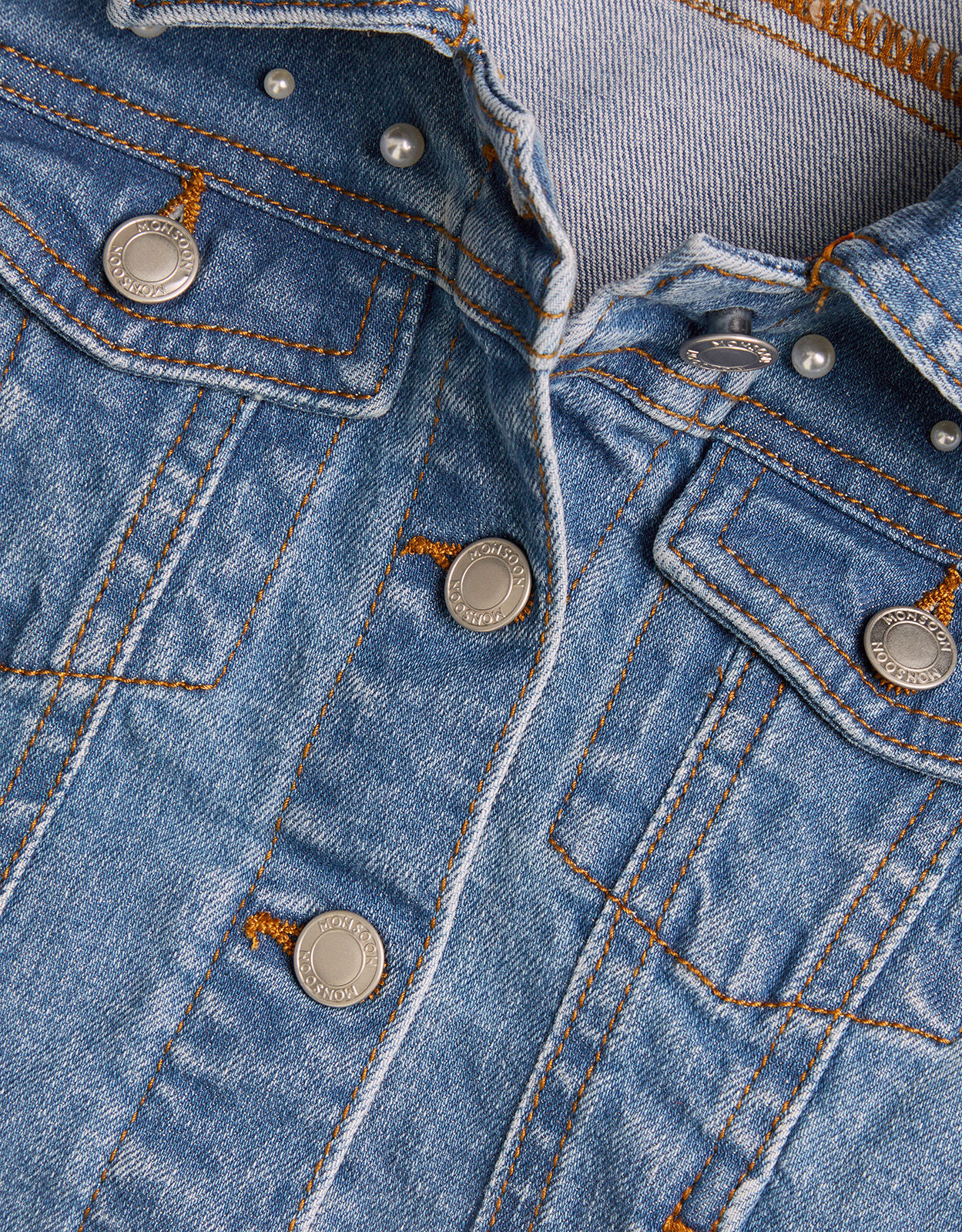 Blue jean jacket with pearls best sale