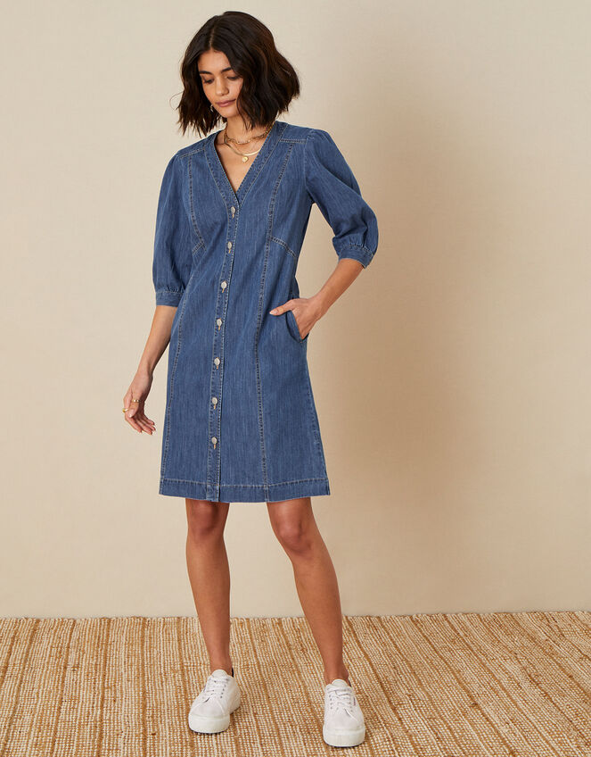 Puff Sleeve Denim Dress, Blue (DENIM BLUE), large
