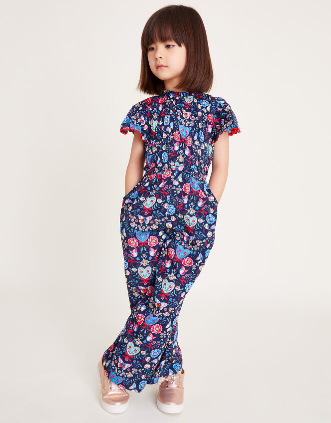 Floral Butterfly Short Sleeve Jumpsuit, Blue (NAVY), large