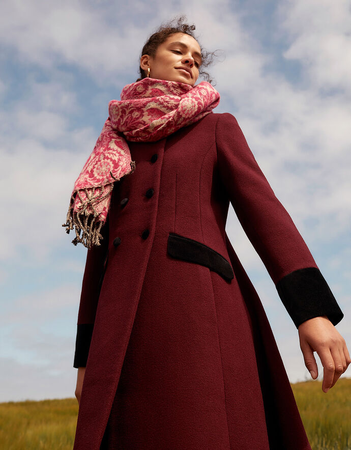 Velvet Trim Skirted Coat Red | Women's Coats | Monsoon UK.