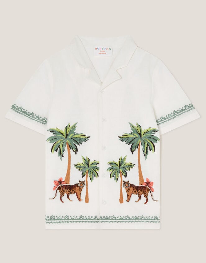 Tiger Embroidered Short Sleeve Shirt, Ivory (IVORY), large