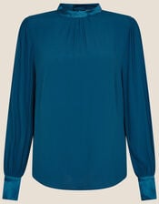 High Neck Pleated Long Sleeve Blouse, Teal (TEAL), large
