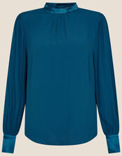 High Neck Pleated Long Sleeve Blouse, Teal (TEAL), large