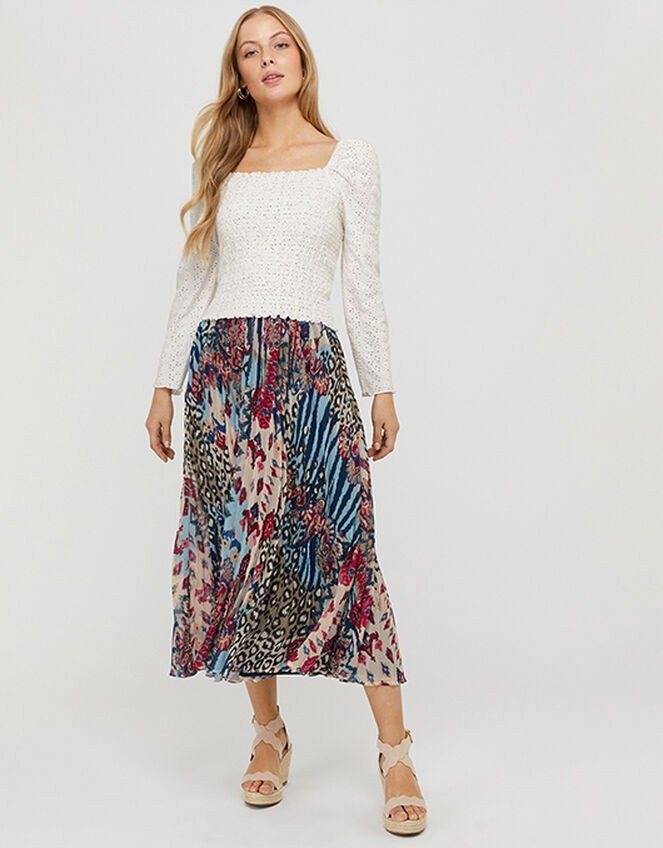 Mercy Mixed Print Pleated Skirt, Blue (BLUE), large