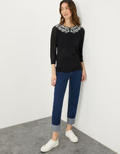 Woven Stitch Contrast Collar Jumper in Recycled Polyester, Black (BLACK), large
