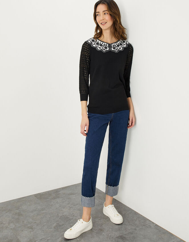 Woven Stitch Contrast Collar Jumper in Recycled Polyester, Black (BLACK), large