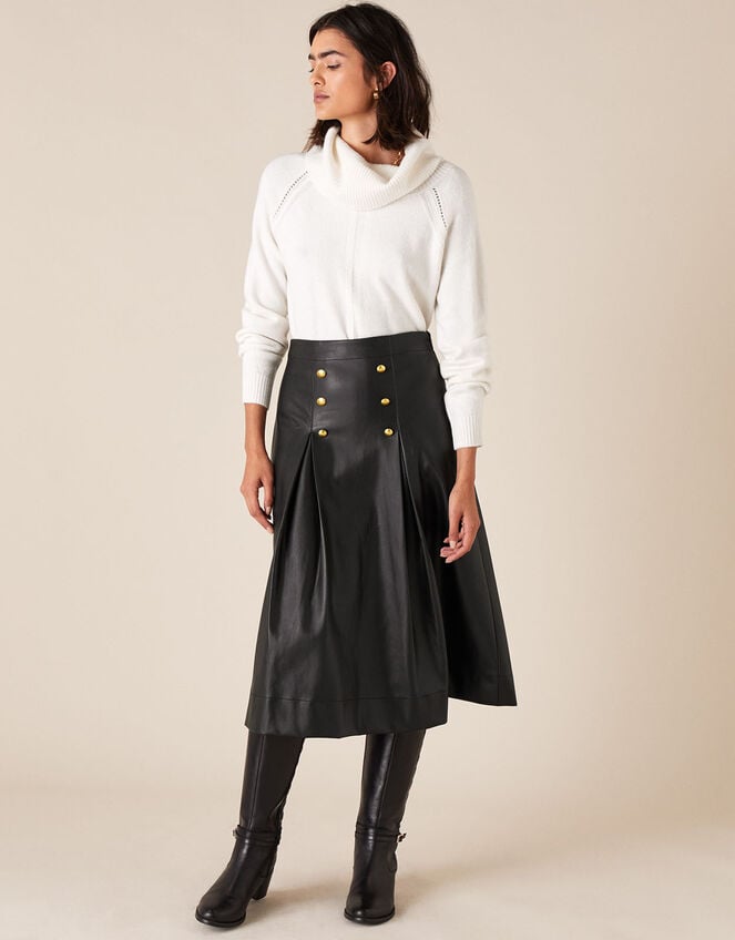 Gold Button Leather-Look Skirt, Black (BLACK), large