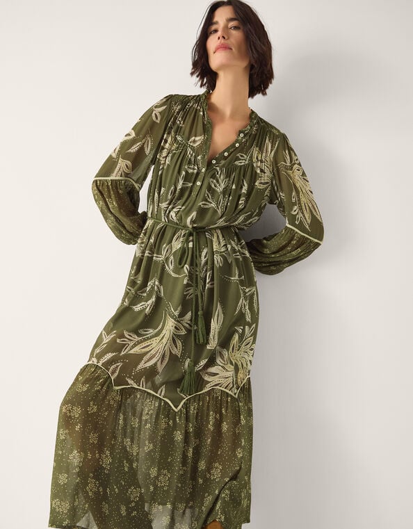 Leona Print Long Sleeve Midi Dress, Green (KHAKI), large