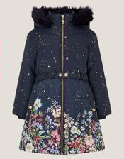 Starry Floral Hooded Coat, Blue (NAVY), large