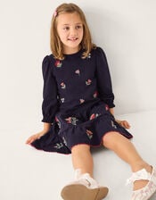 Floral Embroidered Tiered Dress, Blue (NAVY), large