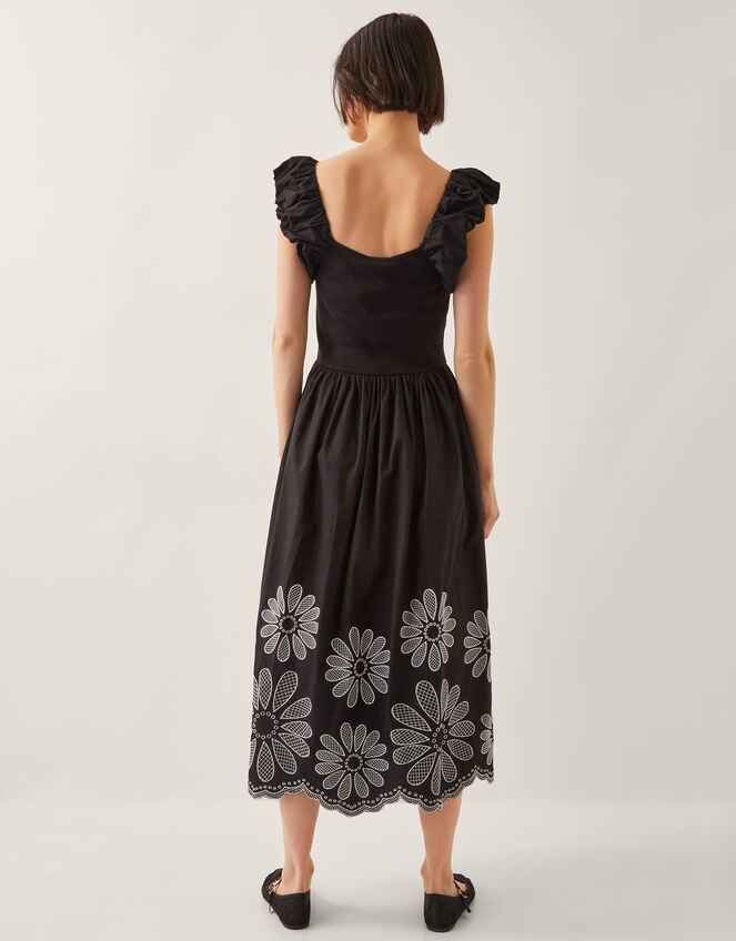 Ella Frill Floral Embroidered Midi Dress, Black (BLACK), large
