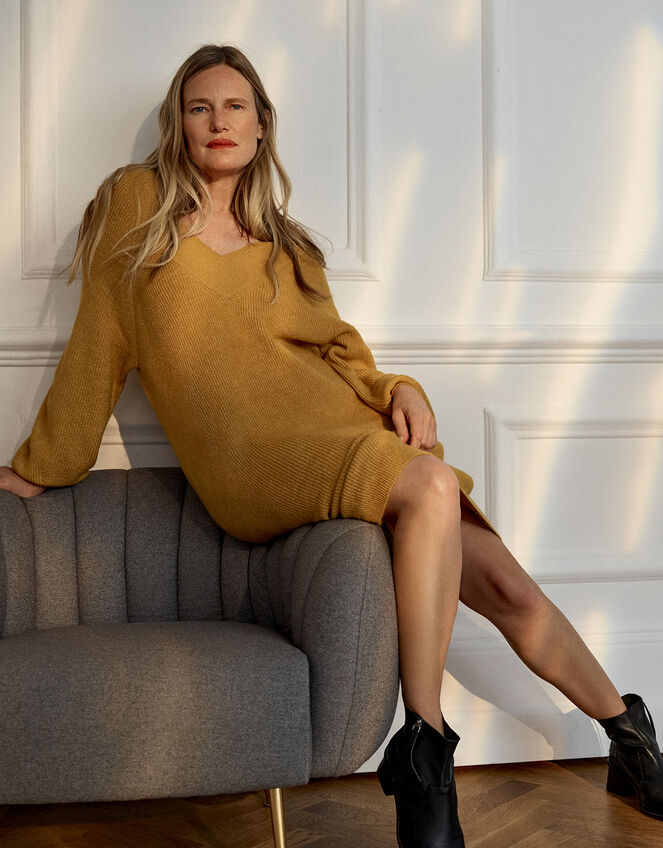 Ribbed Knit Dress, Yellow (OCHRE), large