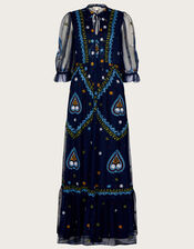 Tracey Embroidered Maxi Dress in Recycled Polyester, Blue (NAVY), large