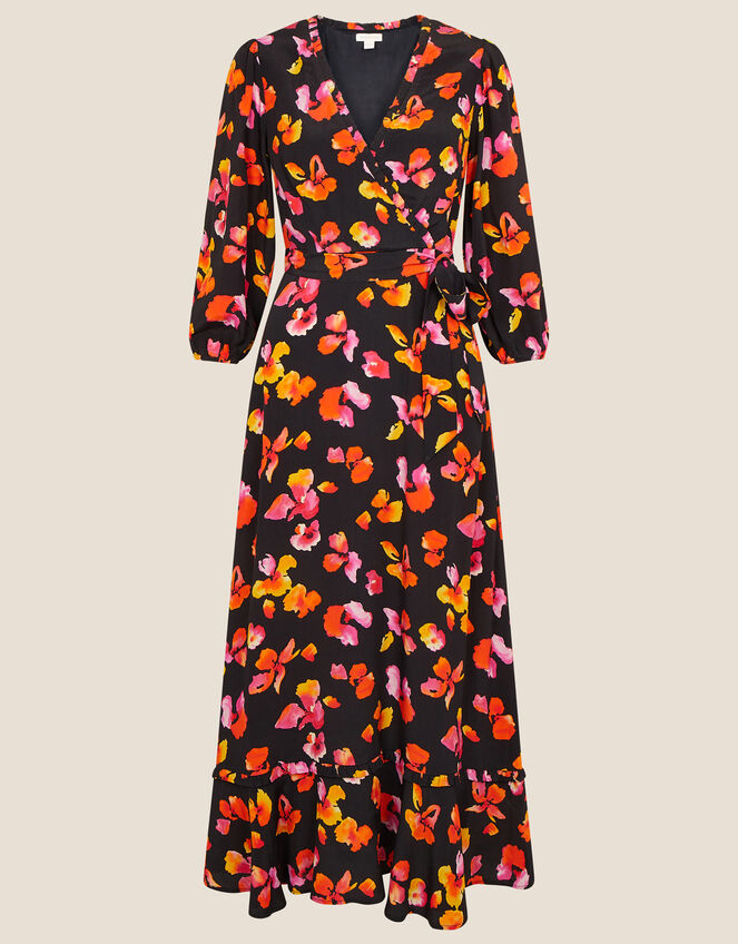 Yazmin Floral Wrap Dress, Black (BLACK), large