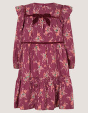 Long Sleeve Floral Print Dress, Red (BURGUNDY), large