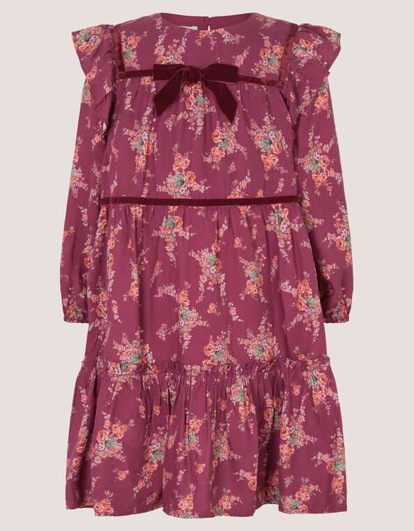 Long Sleeve Floral Print Dress, Red (BURGUNDY), large