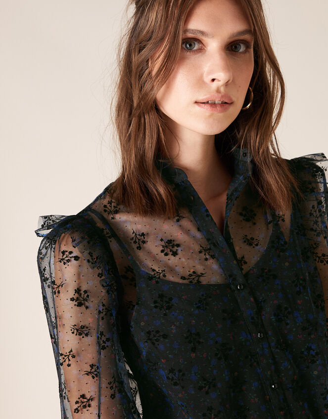 Floral Print Lace Blouse, Black (BLACK), large