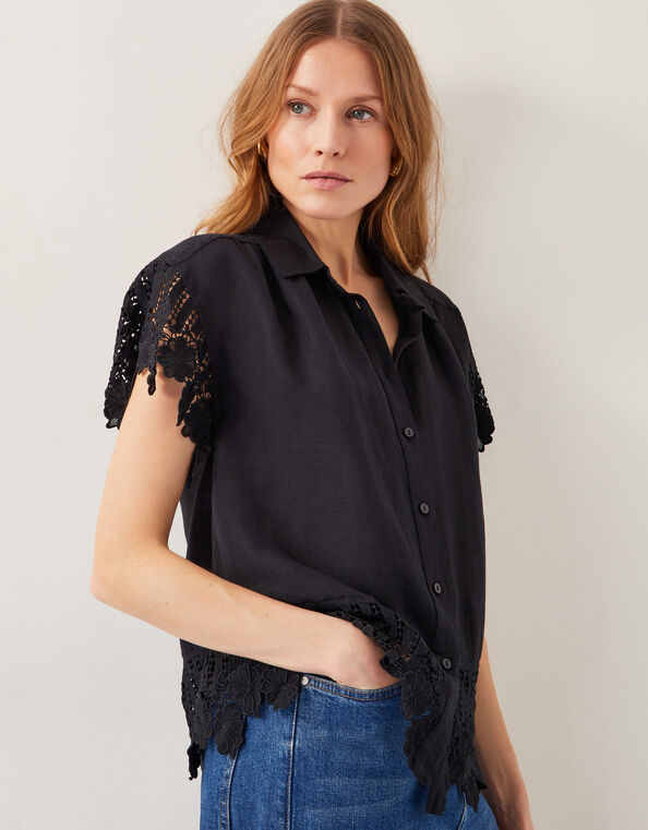 Lara Linen-Blend Short Sleeve Shirt, Black (BLACK), large
