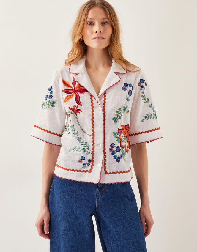 Delphi Floral Embroidered Cotton Shirt, White (WHITE), large