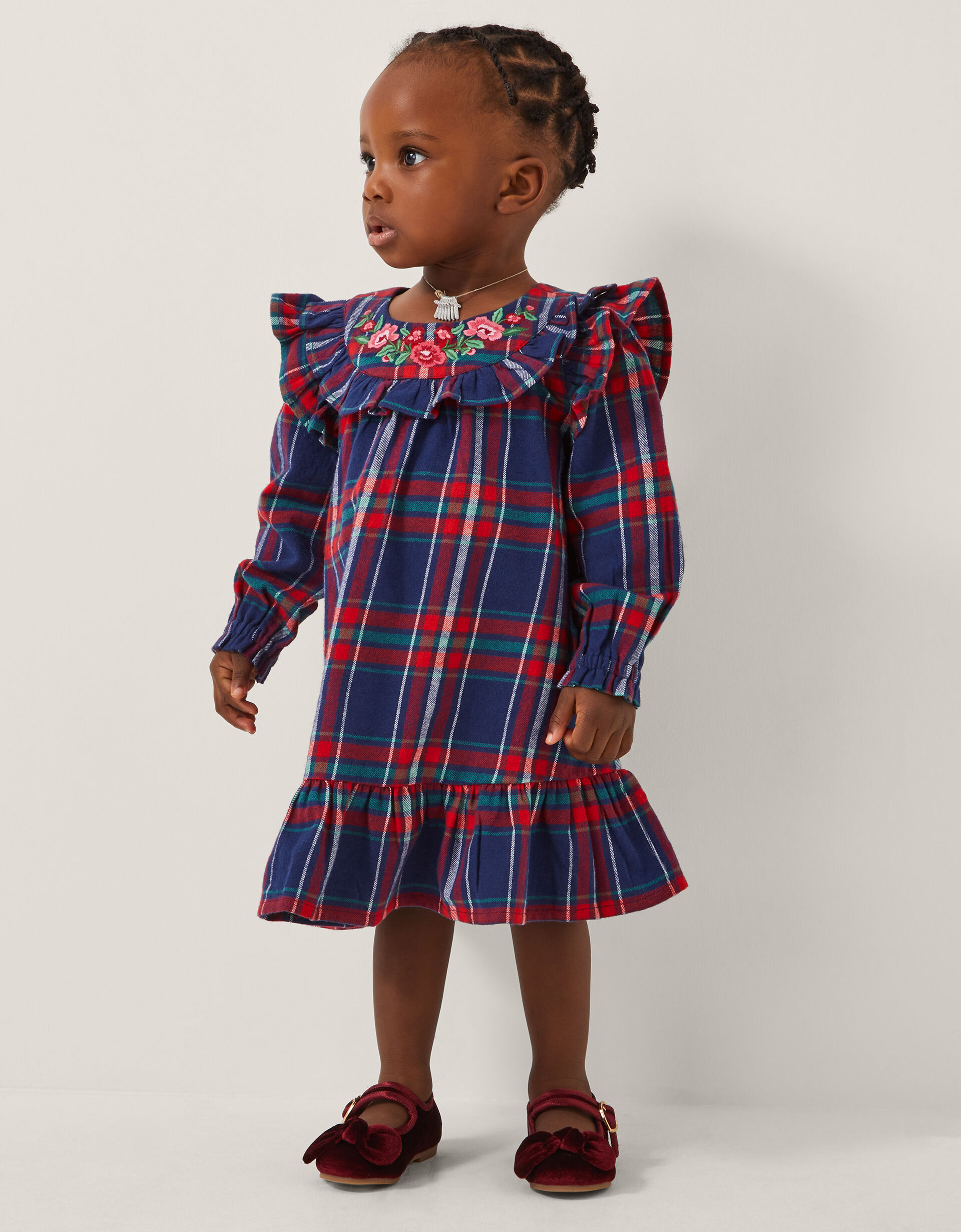 Baby Embroidered Frill Tartan Dress Blue
