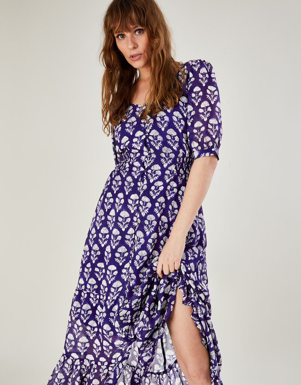 Women Dresses | Wendy Woodblock Print Maxi Dress in Sustainable Viscose Blue - JH95124