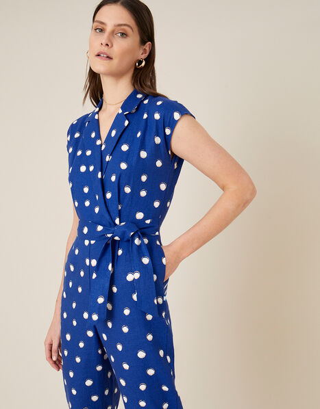Spot Print Jumpsuit in Linen Blend  Blue, Blue (NAVY), large