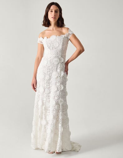Clare Floral Embroidered Bardot Wedding Dress, Ivory (IVORY), large