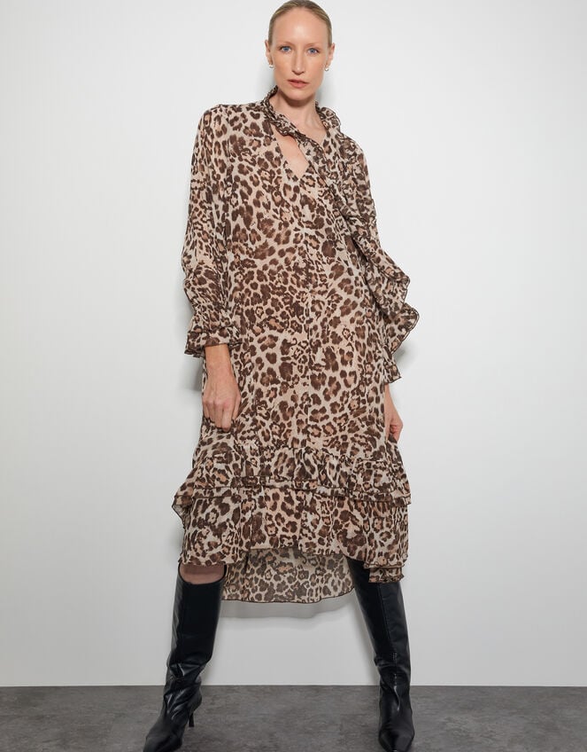 Allegra Pussybow Leopard Print Midi Dress, Brown (BROWN), large