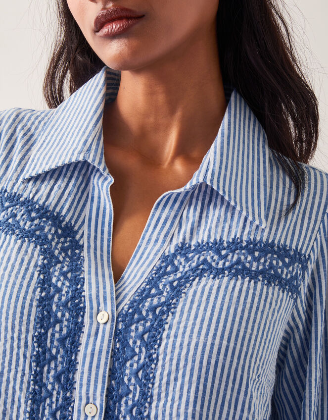 Marlowe Stripe Embroidered Midi Shirt Dress, Blue (BLUE), large