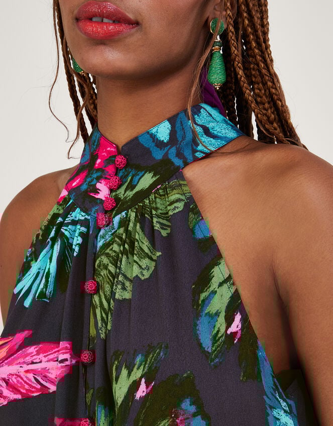 Bria Palm Print Halter Dress in Sustainable Viscose, Blue (MIDNIGHT), large