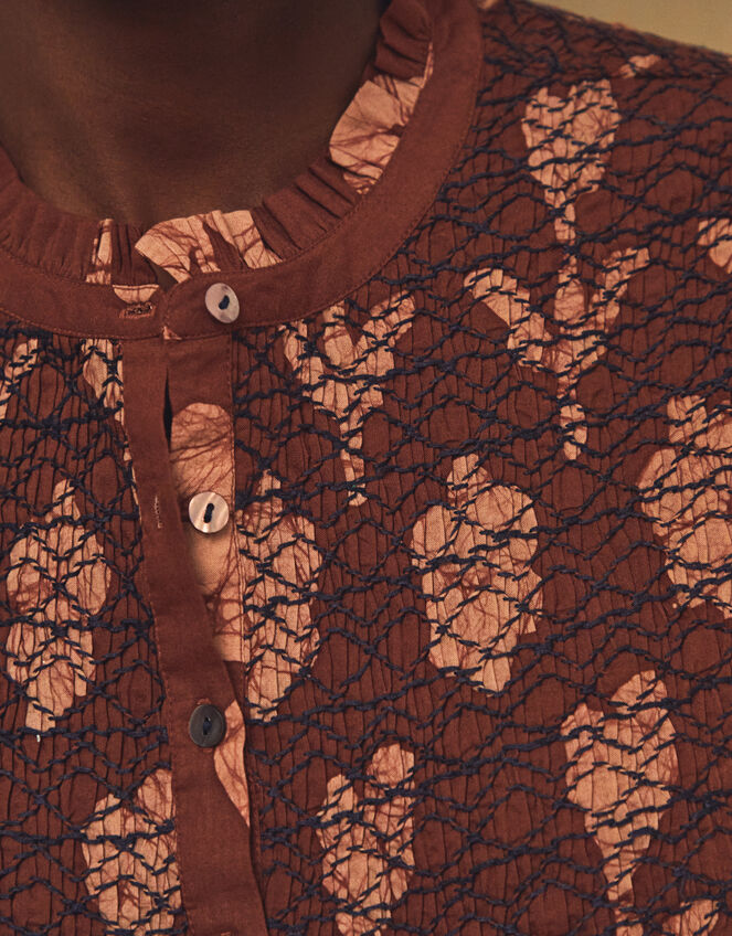 East Zena Hand-Batik Smocked Blouse, Brown (BROWN), large
