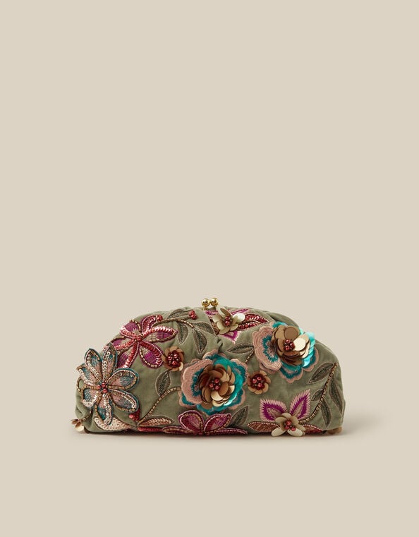 Eleni Floral Embellished Velvet Clutch Bag, , large