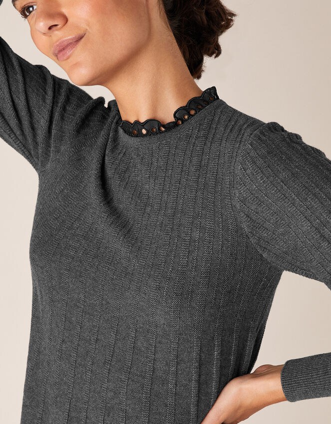 Woven Neckline Knit Jumper with Recycled Polyester, Grey (CHARCOAL), large