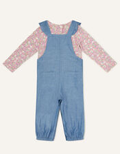 Baby Denim Dungaree and Floral Top Set, Blue (BLUE), large