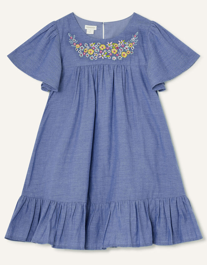 Chambray Embellished Neck Swing Dress, Blue (BLUE), large