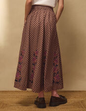 East Freya Embroidered Check Maxi Skirt, Brown (BROWN), large