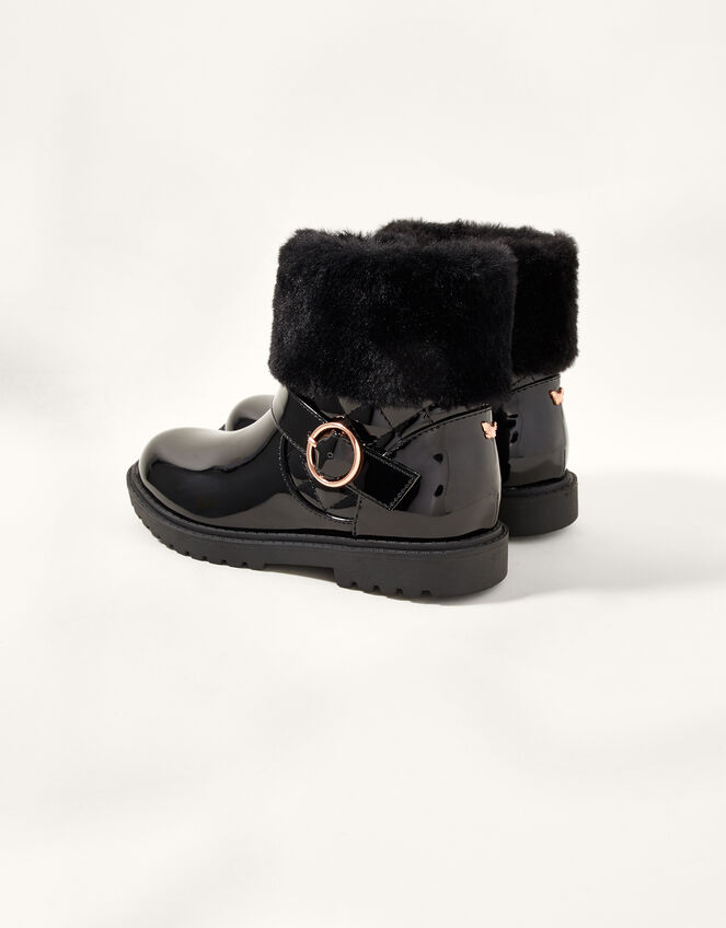 Patent Fur Trim Boots, Black (BLACK), large