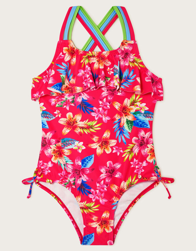 Kendall Tropical Frill Swimsuit, Red (RED), large