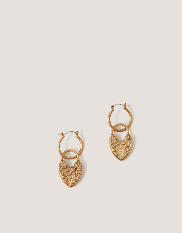 Heart Padlock Drop Hoop Earrings, , large