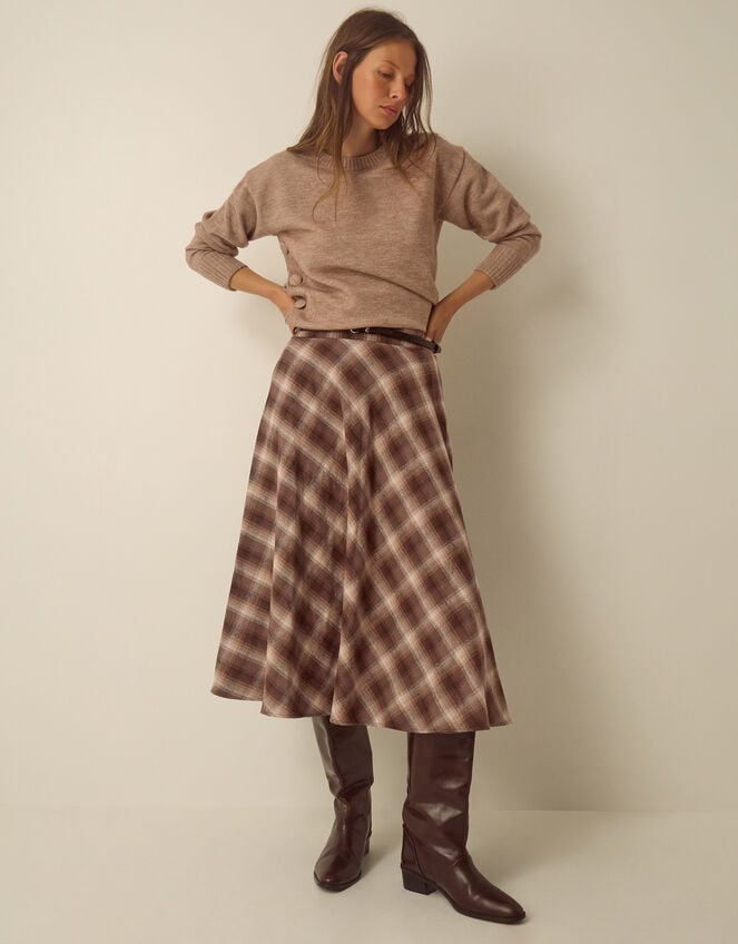 Bettie Check Woven Cotton Midi Skirt, Brown (BROWN), large