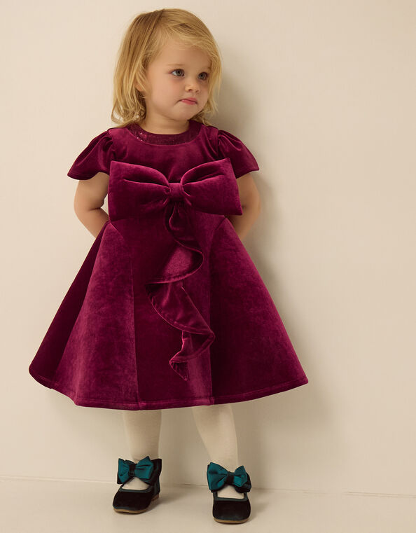 Baby Genevieve Bow Velvet Party Dress, Red (BURGUNDY), large