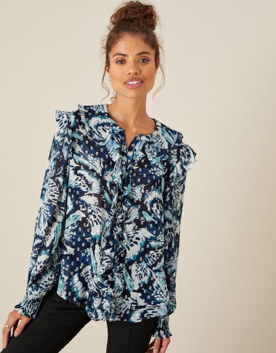 Briony Shimmer Butterfly Blouse Blue, Blue (NAVY), large