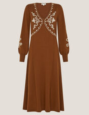 Cleo V-Neck Embroidered Knit Midi Dress, Orange (RUST), large