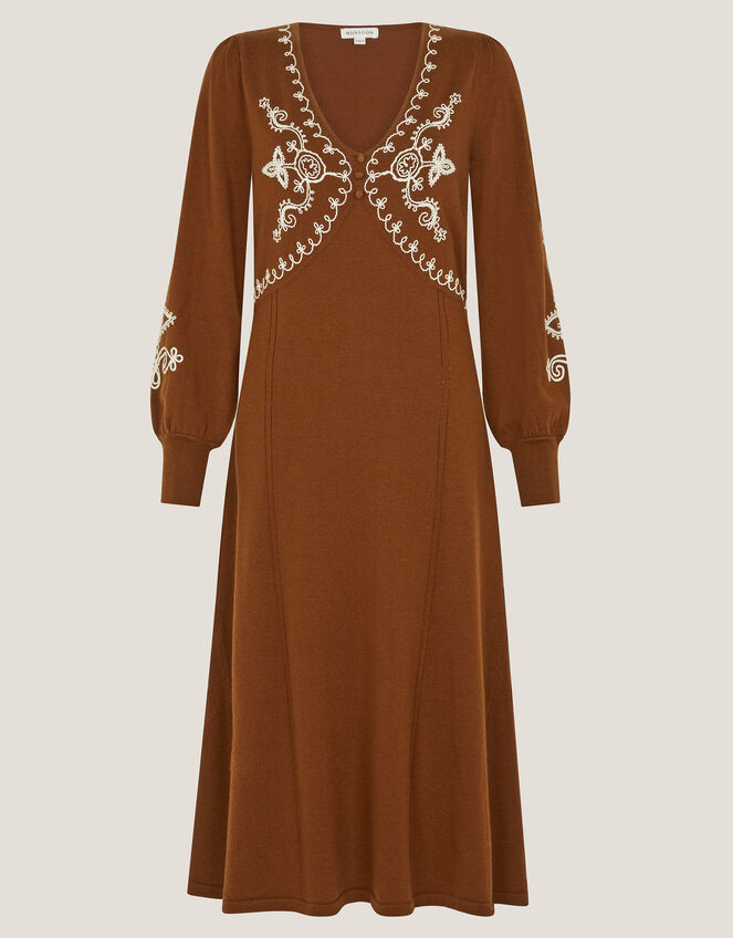 Cleo V-Neck Embroidered Knit Midi Dress, Orange (RUST), large